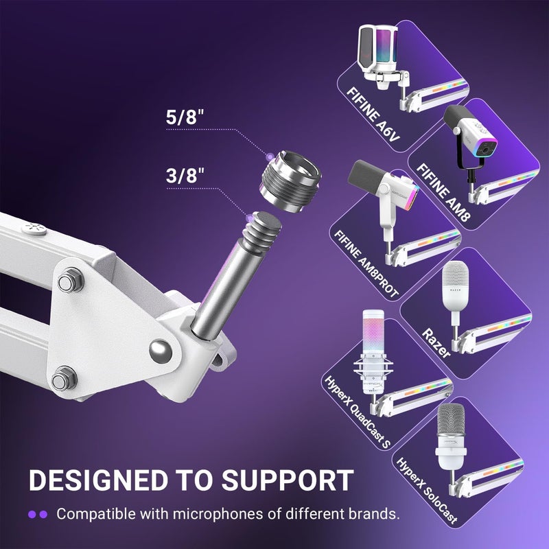 FIFINE Microphone Boom Arm, Heavy Duty Mic Arm with Controllable RGB Light,C-Clamp,Gaming Desktop Mic Mount Capacity for AM8,Studio Podcasting,Recording,Gaming,Streaming-BM38W - Image 5